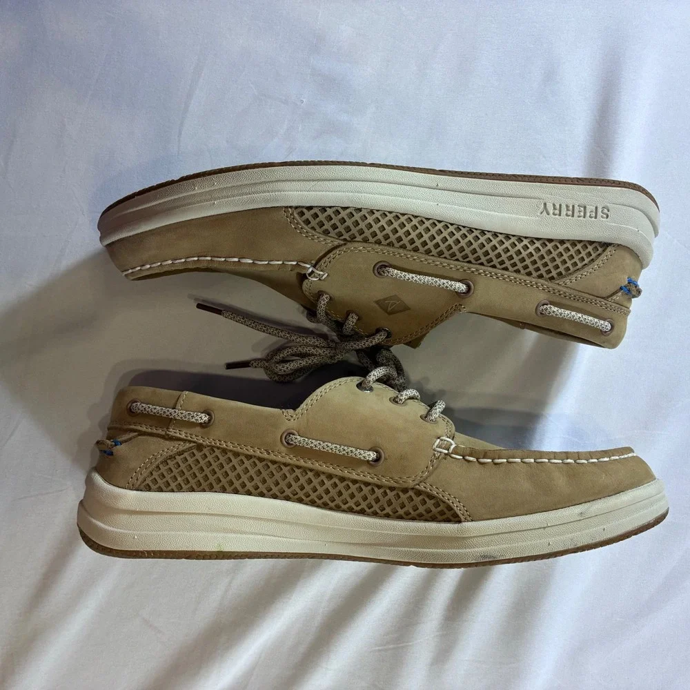 Sperry Top-Sider 7 Seas 3-Eye Tan Leather Mesh Boat Shoes Mens 10W STS14240